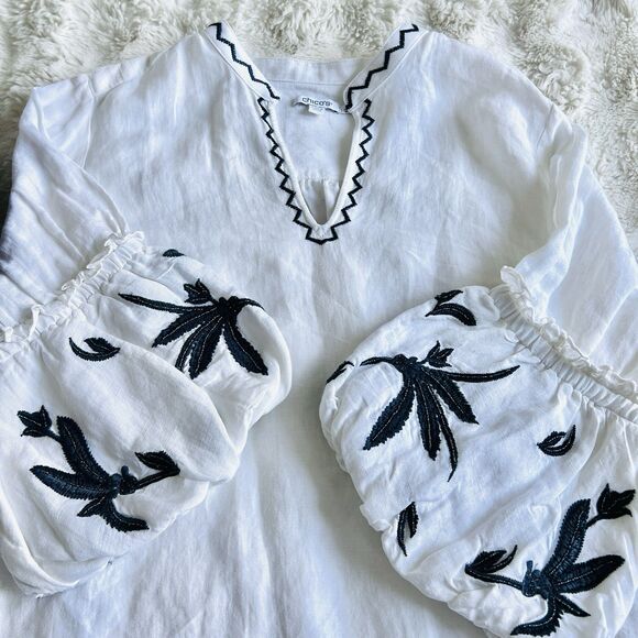 Chico's Tops - Chico's White & Blue Linen Blend Floral Puff Sleeve Boho Lagenlook Blouse Sz 16